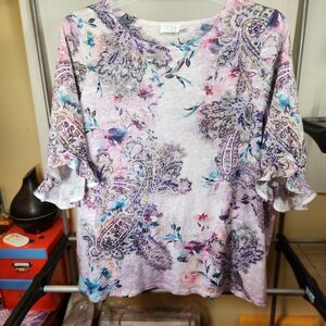 Time & Tru 1/4 Ruffle Sleeves Purple Pull Over Shirt XL